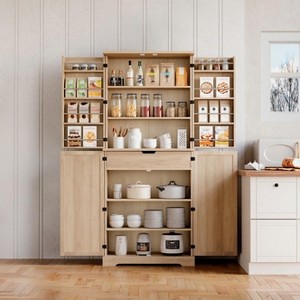 72'' Pantry Cabinet with Doors, Freestanding Tall Rattan Cabinet with 8 Door Shelves, Large Drawer - 1 of 4