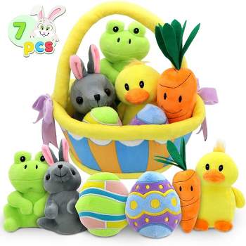 Syncfun 7PCS Basket for Easter Stuffed Plush Playset for Baby Kids Easter Theme Party Favor, Easter Eggs Hunt, Basket Stuffers Fillers