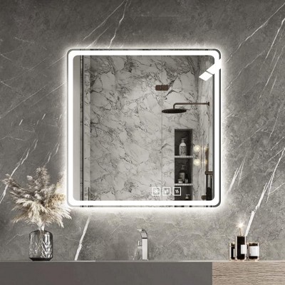 Frameless Mirror In Bathroom,LED Mirrors For Vanity,Bathroom Mirror With Lights,Anti Mist Bathroom Rectangle Mirror With Rounded Corners-The Pop Home
