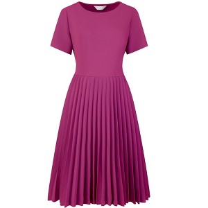 Hobemty Women's Pleated Knee Length Short Sleeve Work A-Line Dress - 1 of 4