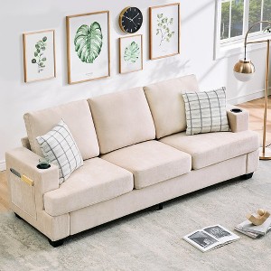 89" Chenille 3-Seater Sofa with Cup Holders and Side Storage Pockets, Modern Sofa for Living Room - 1 of 4