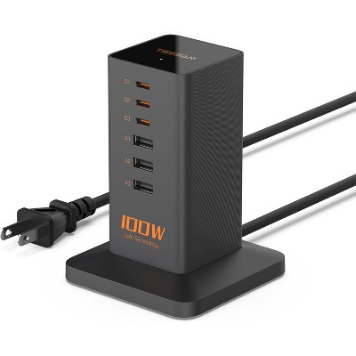 USB C Charger Blcok PD 100W, 6-in-1 Charging Station for Multiple Devices, Desktop Tower Charger with 6 USB Ports for iPhone 16/15, MacBook, Tablet