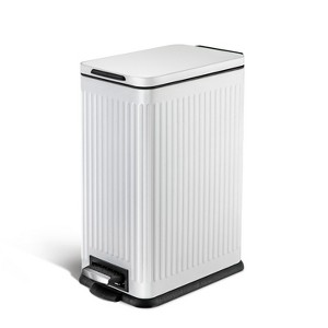 Home Zone Living 4 Gallon Slim Stainless Steel Kitchen Trash Can with Reeded Pattern, Step Pedal and Soft Close Lid, White - 1 of 4