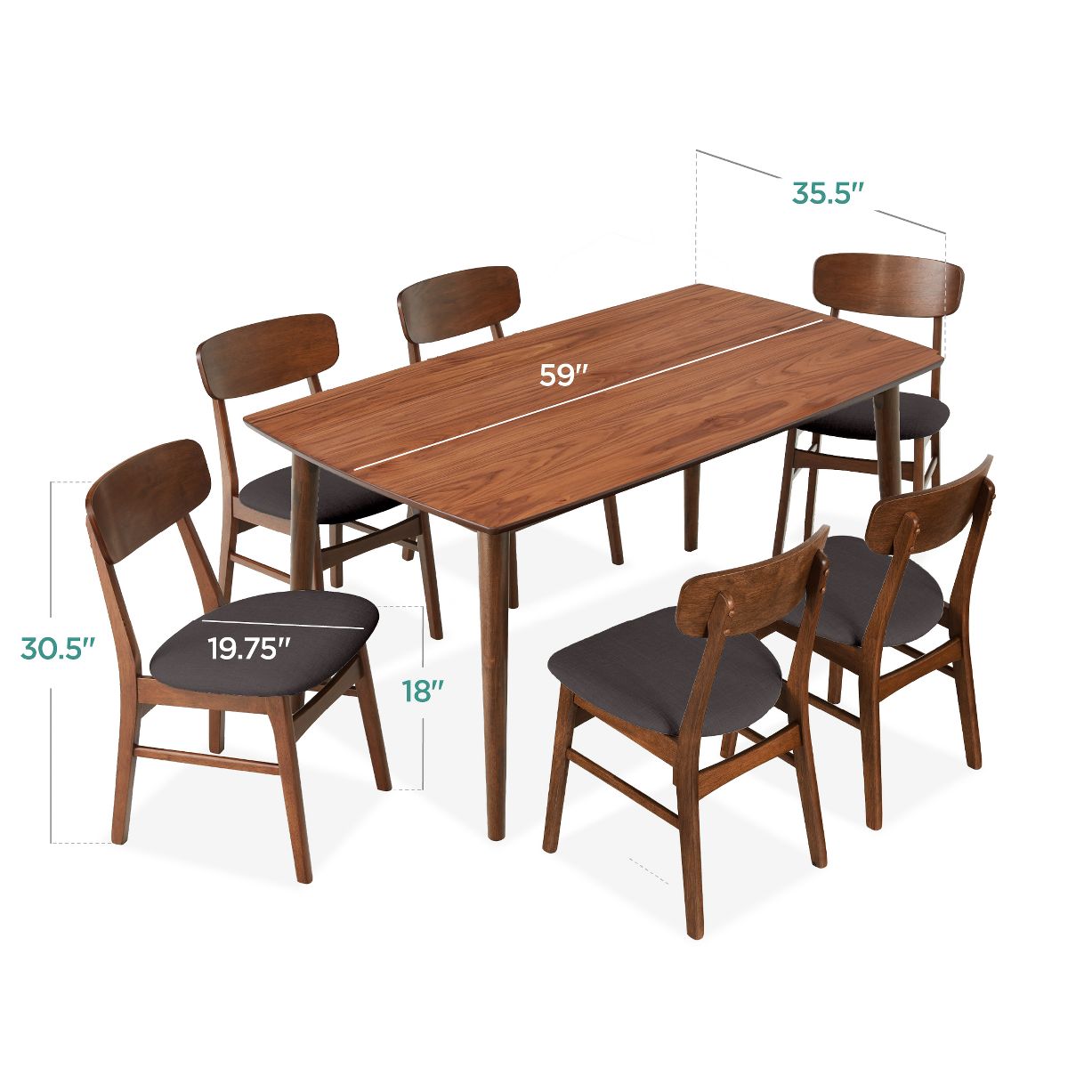 Best Choice Products 7-Piece Mid-Century Modern Upholstered Dining Set, Wooden Table w/ 6 Chairs - Walnut/Gray - thumbnail 7