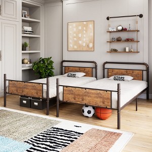 Bunk Bed Twin Over Twin with Ladder and High Guardrail, Twin Size Convertible Metal Bunk Beds for Teens/Adults, No Box Spring Needed,Vintage Brown - 1 of 4