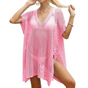 Clearlove Women's Plus Size Crochet Bikini Coverup Summer Short Sleeve V Neck Bikini Beach Dress - 1 of 4