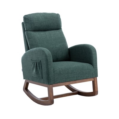 VYNXARIA Rocking Chair,Recliner Armchair with Wood Legs and Side Pocket, Nursery Rocking Accent Chair with High Back(Emerald linen)