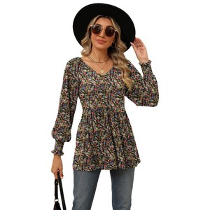 Women's Blouses Fall Puff Long Sleeve Shirts Casual V-Neck Loose T-Shirts - 1 of 4