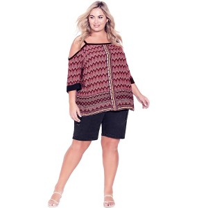 Avenue Women's Plus Size Daisy Cold Shoulder Border Top - 1 of 4