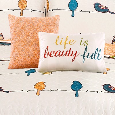 Lush Decor 7pc King Rowley Birds Quilt Set Orange/Dark Blue/White - Lush Décor: Reversible Hypoallergenic Farmhouse Bedding — фото 3