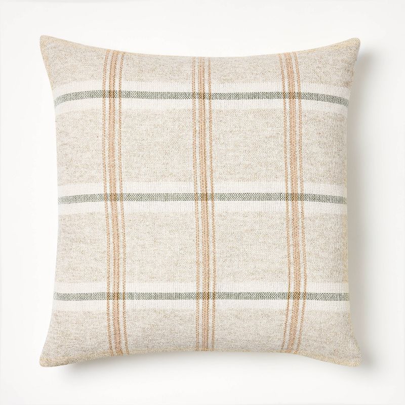 Raised Striped Woven Plaid Throw Pillow Cream/Dark Tan/Sage - Threshold&#8482; designed with Studio McGee, 1 of 6