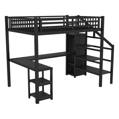 Full Size Loft Bed with Desk and Storage Stairs,Metal Full Loft Bed Frame with Wardrobe and Shelf, High Loft Bed for Kids, Teens, Adults, Black