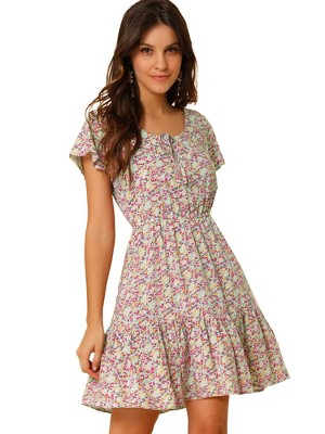 Allegra K Women's Flutter Sleeve Floral Dress - Elastic Waist, Ruffle Hem, Swing Fit