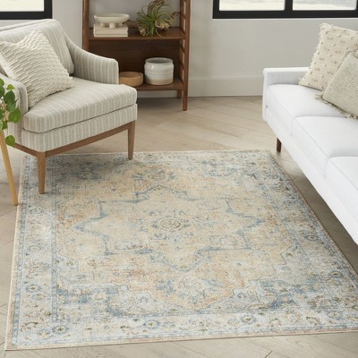 Beige Blue Medallion Synthetic 4' x 6' Washable Rug