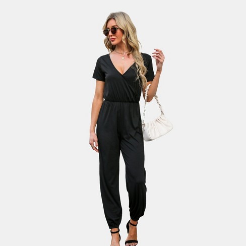 Women's Short Sleeve Wrap Loose Long Romper Jumpsuit - Cupshe-L-Black