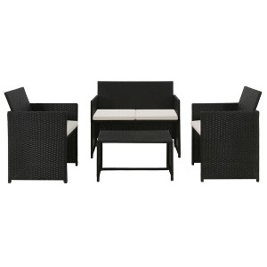 vidaXL 4 Pieces Black Poly Rattan Patio Lounge Set, Waterproof Weather-Resistant Outdoor Garden Terrace Furniture Set, Includes Cushions - 1 of 4