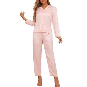 cheibear Women's Long Sleeve Button Down Notched Collar Soft Pajamas Set - 1 of 4