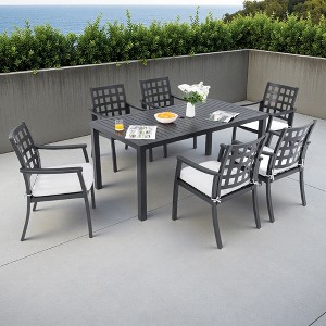 7-Piece Outdoor Patio Aluminum Dining Set with 67" Rectangular Table, 6 Cushioned Armchairs, and Umbrella Hole - 1 of 4