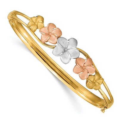 Black Bow Jewelry 14k Tri-Color Gold Polished and Satin Plumeria Hinged Bangle Bracelet
