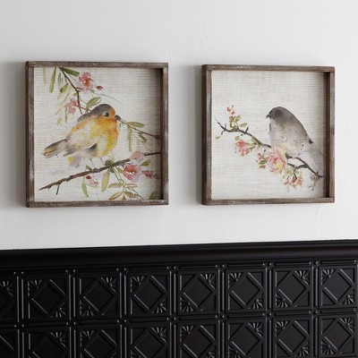 Rustic Brown Wood Framed Watercolor Bird Plaques Set