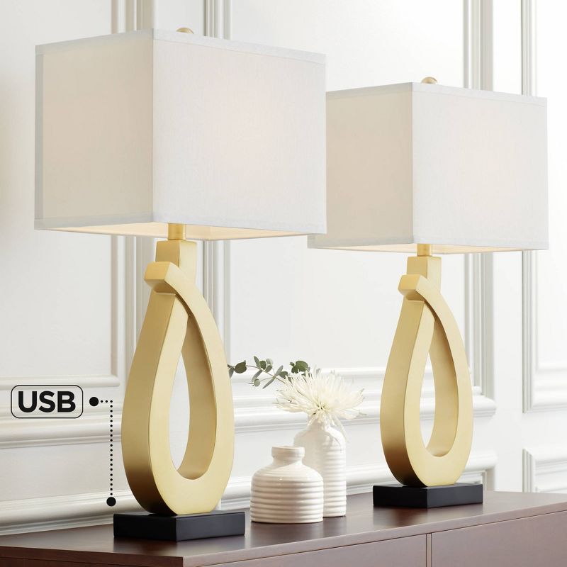 360 Lighting Simone Modern Table Lamps 28" Tall Set of 2 Sculptural Gold Metal USB Charging Port White Rectangular Shade Bedroom Living Room, 2 of 10