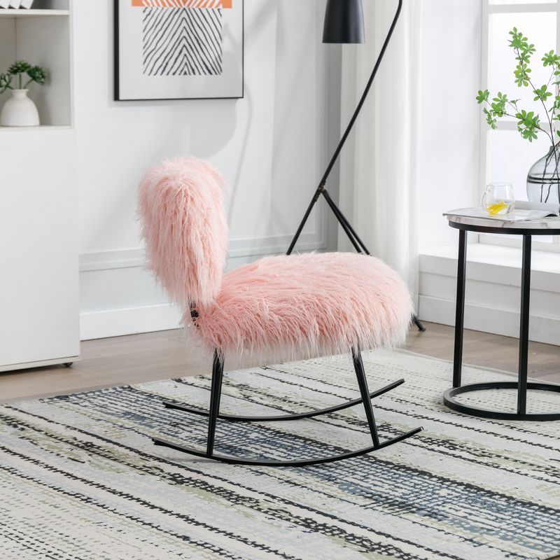 25''W Faux Fur Plush Nursery Rocking Chair, Fluffy Upholstered Accent Glider Chair with Metal Rocker-ModernLuxe, 3 of 8