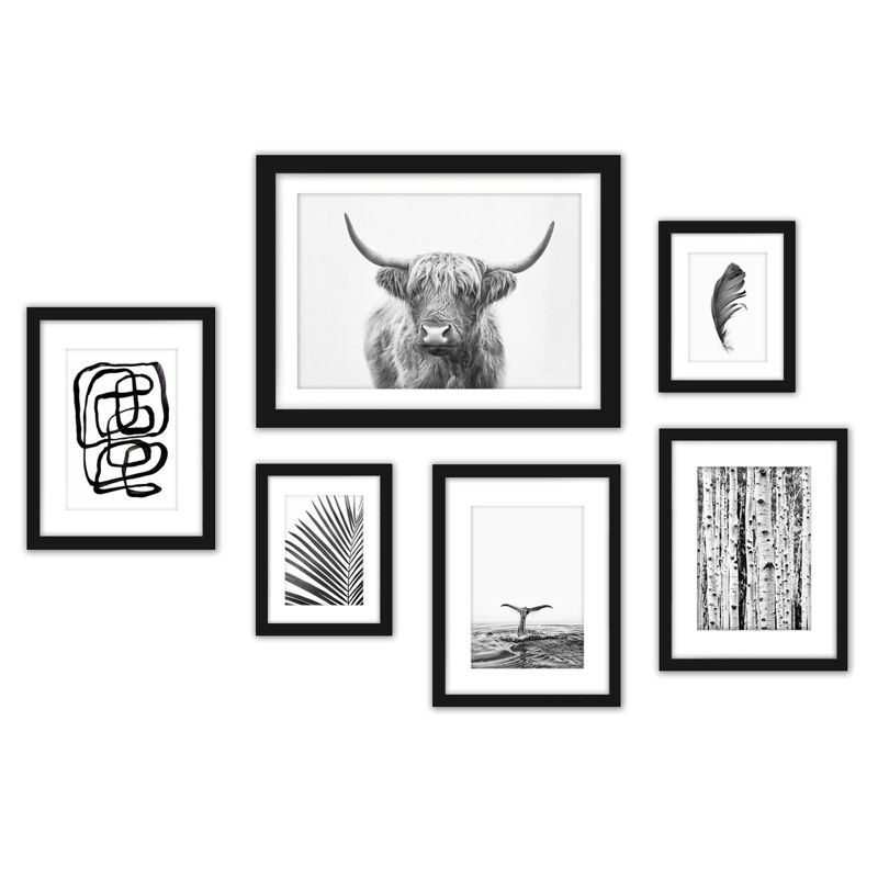 Americanflat Animal Vintage (Set Of 6) Framed Prints Gallery Wall Art Set Highland Bull Black & White Art By Sisi And Seb, 1 of 5