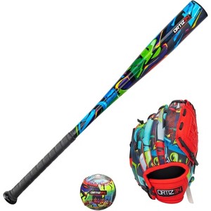 Ortiz34 Youth T-Ball Set, 25" Aluminum Bat (-10 Drop), Foam Core T-Ball, 9" Lightweight Glove, Graffiti Print (Red/Blue) - 1 of 4