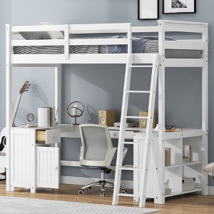 NicBex Twin Size Bunk Bed with Desk Wooden Bed Frame with Cabinet, Shelves, Drawers, Inclined Ladder and Guardrail, No Box Spring Required, White - 1 of 4