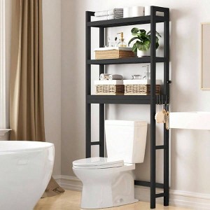 Over Toilet Storage Cabinet 3 Tier Bathroom Organizers with Adjustable Shelf 4 Hooks Space Saving Black Shelf Rack - 1 of 4