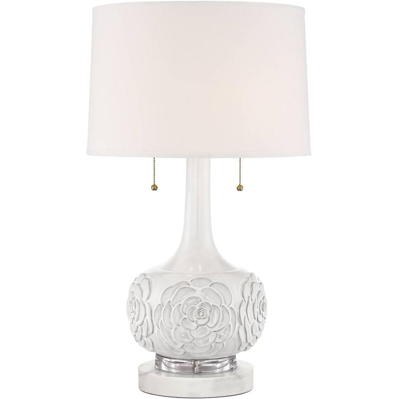 Possini Euro Design Natalia Country Cottage Table Lamp with Round White Marble Riser 27" Tall White Floral Ceramic Drum Shade for Bedroom Living Room, 1 of 6