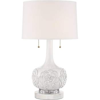 Possini Euro Design Natalia Country Cottage Table Lamp with Round White Marble Riser 27" Tall White Floral Ceramic Drum Shade for Bedroom Living Room