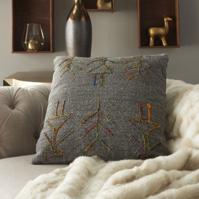 Charcoal Embroidered Figures Square Throw Pillow 18"