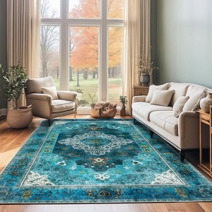 Washable Traditional Area Rug, Thin Foldable Distressed Floral Non-Slip Carpet for Bedroom Living Room Kitchen - 1 of 4