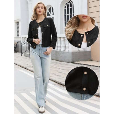 INSPIRE CHIC Women's Faux Suede Crew Neck Long Sleeve Button Down Vintage Casual Cropped Jackets Small Black — фото 2