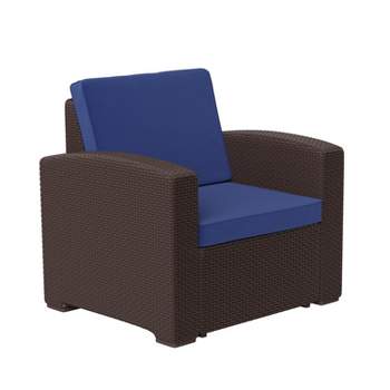 Merrick Lane Outdoor Furniture Resin Chair Faux Rattan Wicker Pattern Patio Chair With All-Weather Cushion