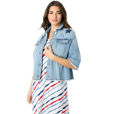 Roaman's Women's Plus Size Embellished Short-Sleeve Stretch Denim Jacket