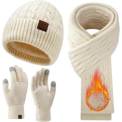 ZUPPAD Womens Winter Beanie Hat Scarf Gloves Set, Knit Touch Screen Gloves Long Scarf Skull Caps Fleece Lined Winter Gift Hat and Glove Sets