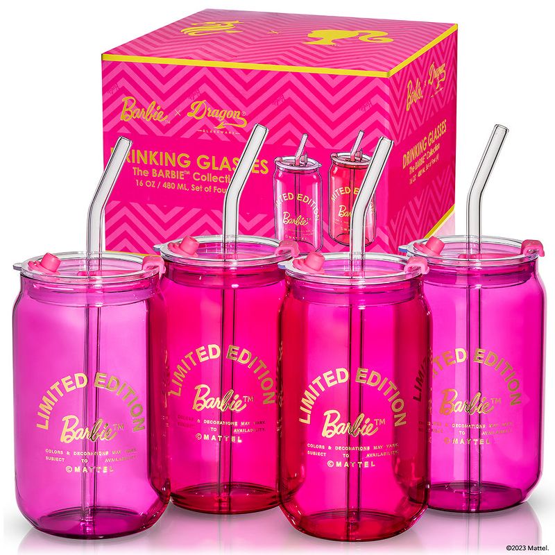 Barbie x Dragon Glassware 16 oz Drinking Glasses Pink and Magenta Set of 4, 1 of 11