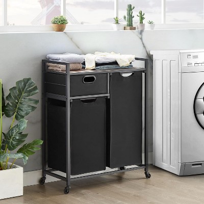 Large Rustic Brown & Black Laundry Basket with Wheels, 3 Compartments, 60L Capacity, Floor Mount, Laundry Room & Bathroom