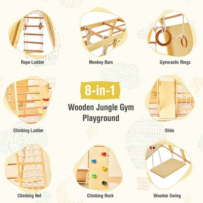 Natural Wood 8-in-1 Indoor Jungle Gym Playset with Slide