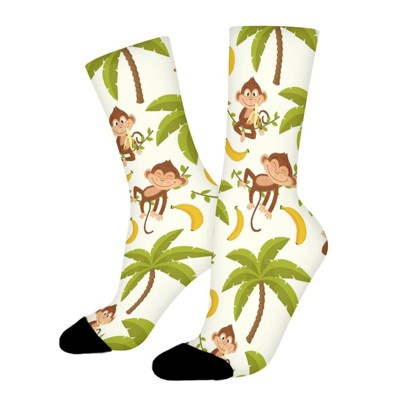 Monkey On Palm Tree Women Printed Crew Socks Funny Funky Socks Soft Polyester Novelty Gifts for Artists Men