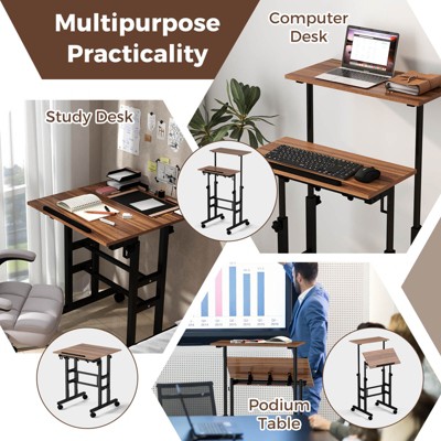 Walnut Adjustable Height Standing Desk with Drawer and Headphone Hook