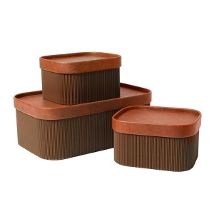 Aoibox Fluted Cardboard Storage Baskets with Leather-Like Lids Sturdy Stackable Decorative Tray Set of 3 Chestnut - 1 of 4