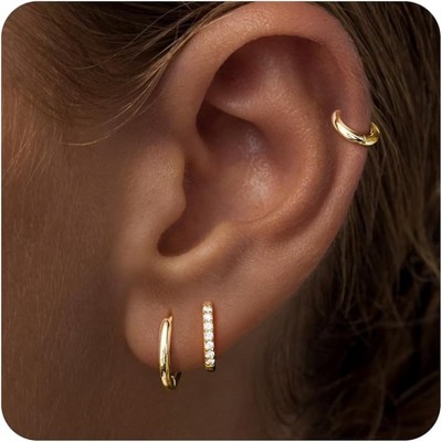 Small Sterling Silver Huggie Hoop Earrings Set for Women, 14K Gold Plated Hoops Stacks for Multiple Piercings