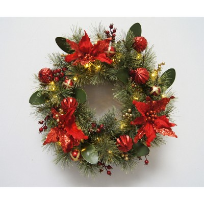Season's Designs 24" Green Pine Wreath with Red Poinsettia Flowers, Red Christmas Ornaments, and Berries 30 LED Clear Lights Indoor/Outdoor Use