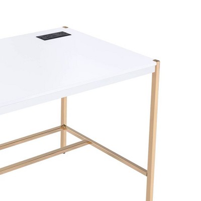 Elegance White & Gold Writing Desk with USB Port and Cable Management