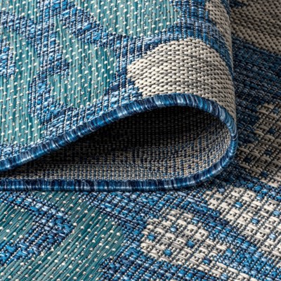 Navy and Aqua Floral Flat Woven Indoor/Outdoor Rug