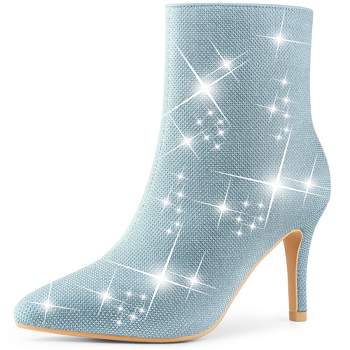 Allegra K Women's Sparkle Sequin Pointed Toe Side Zipper Stiletto Heels Ankle Boots