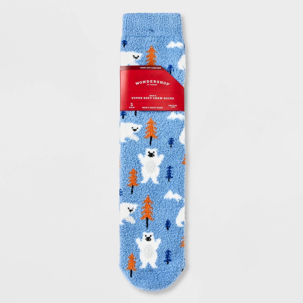 (Case of 12)Men's Winter Bears Cozy Crew Socks with Gift Card Holder - Wondershop™ Blue 6-12